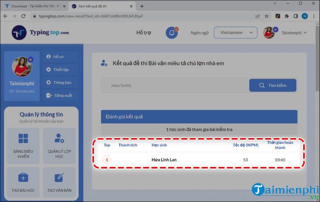 giao vien xem ket qua hoc sinh lam bai tren typingtop